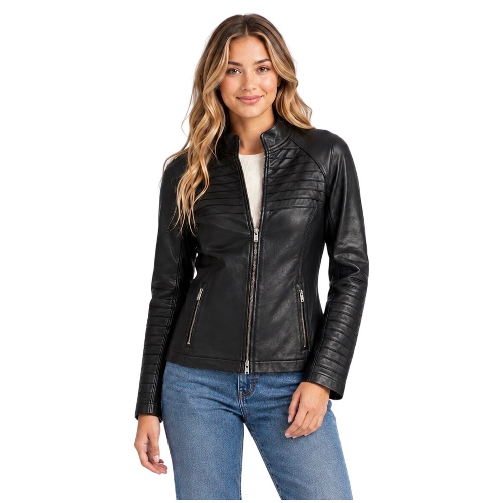 Spanx Faux Leather Moto Jacket Black Pintuck Biker Coat Small 20204R